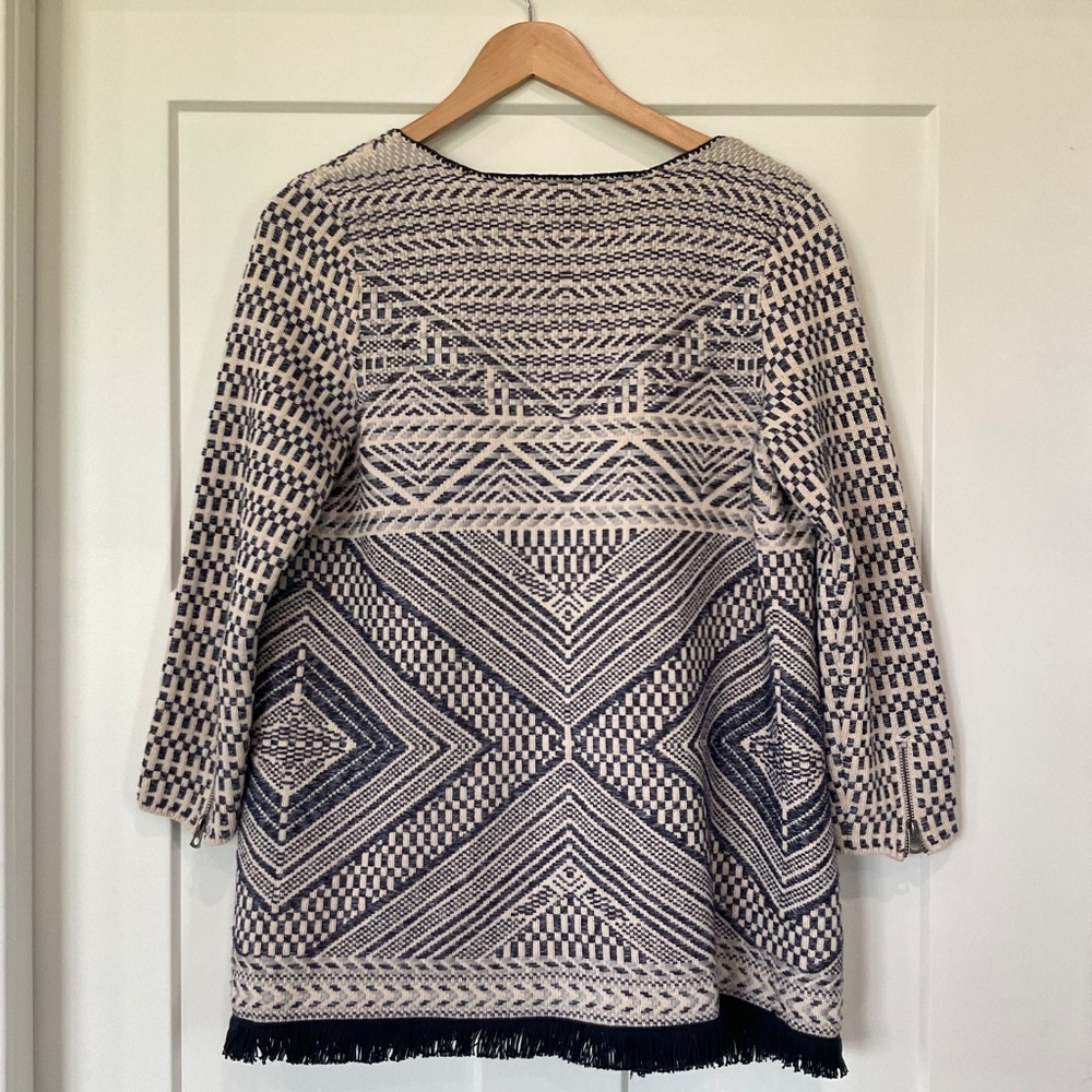 Lucky Brand Open Front Cardigan Women Medium Blue Cream Woven Fringe Aztec - Picture 4 of 16